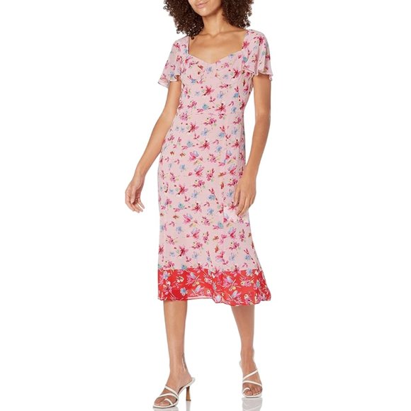 Nanette Lepore Pink Multi Floral Lined Midi Dress Sweetheart Neckline Women’s 6 - Picture 1 of 11